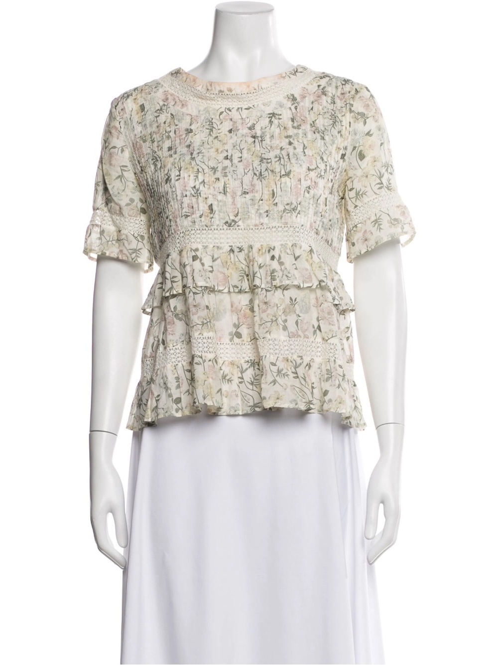 Anine Bing Cream Floral Smocked Ruffle Short Sleeve Top